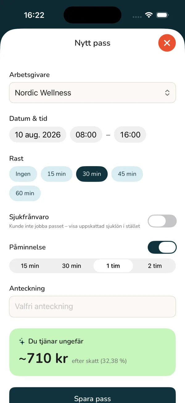 Formuläret för att logga ett arbetspass i Klark