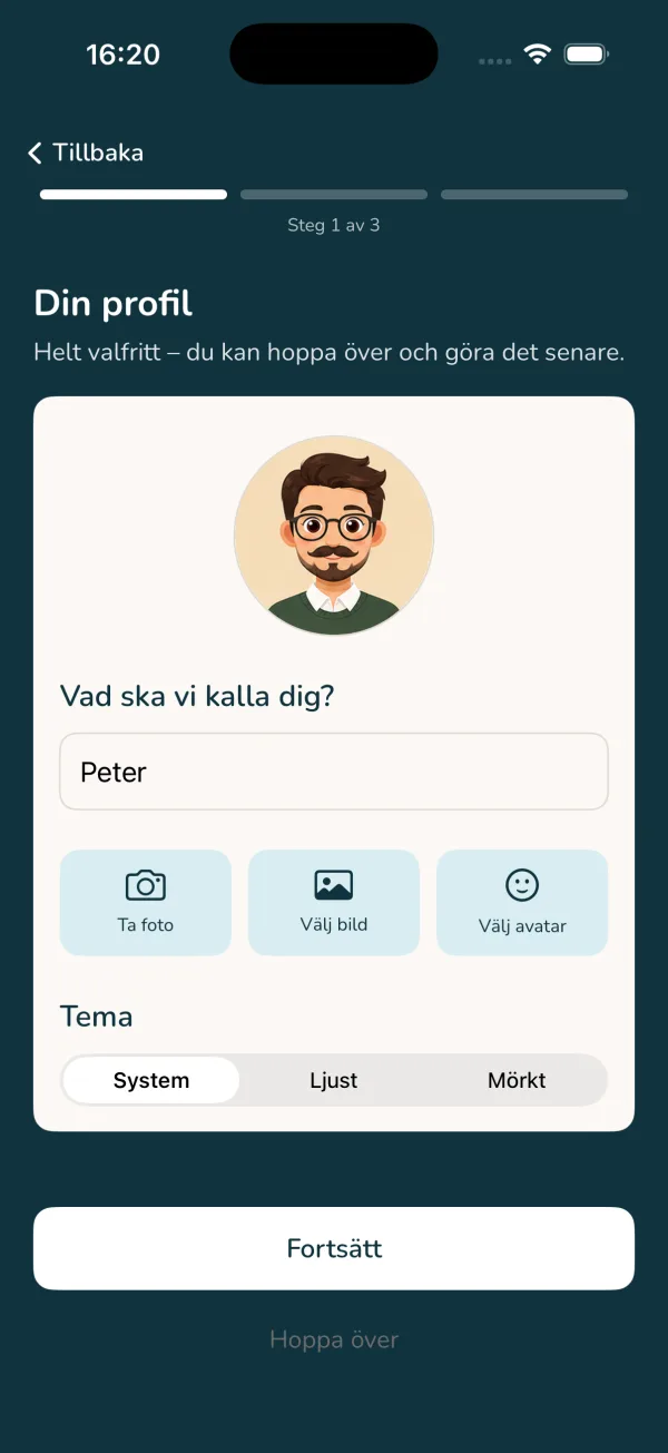 Profilinställningar i Klark med smeknamn, bild och tema